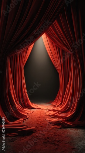 Dramatic red curtains reveal the stage area