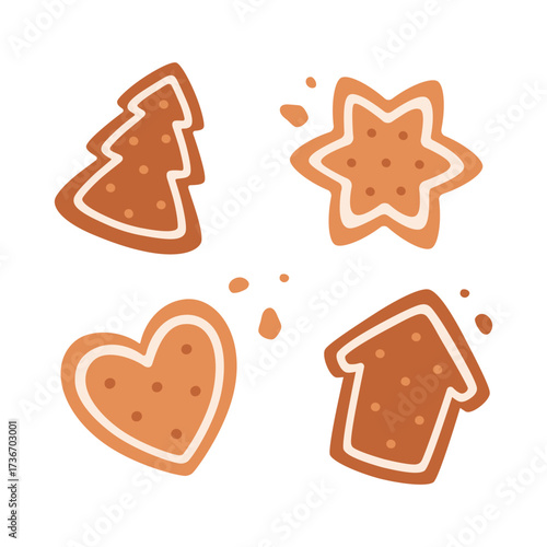 Cute gingerbread cookies collection. Holiday pastry, cookies. Flat vector illustration on white background