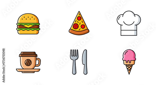 Collection of delicious fast food and drink icons for a vibrant menu