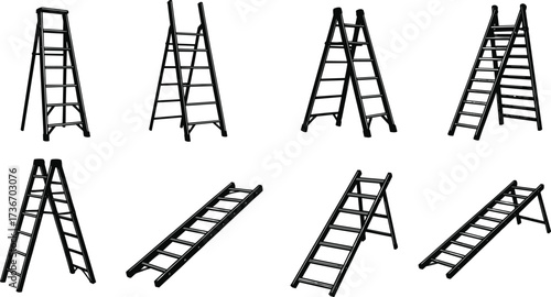 Ladder silhouettes, black vector, step ladders, A-frame, bridge style, household tools, minimal design, top view, construction, interior decor