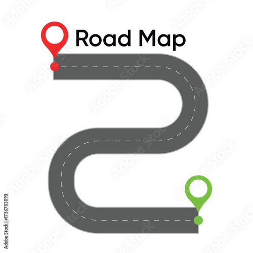 road map with starting and ending location pin markers, symbolizing route planning, journey, and navigation.