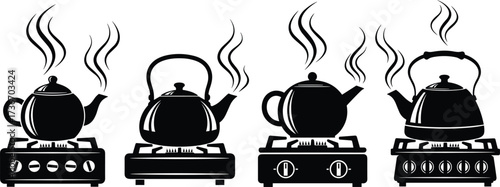 Boiling Kettle Silhouette Vector Set – Four Gas Stove Designs with Steam for Kitchen, Cooking, Heat, and Appliance Themes