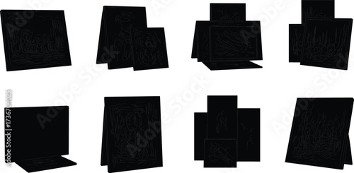 Picture frame silhouette icons, black vector set, upright, angled, stacked styles, artwork display, gallery layout, interior design, illustration pack