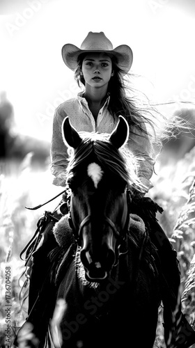 Young woman riding a horse through grass under a sky in the countryside during sunset