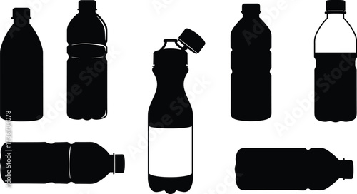 Plastic bottle silhouette icons, black vector set, beverage container styles, open cap and label variation, packaging design, illustration pack
