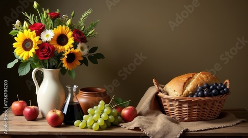 Abundant harvest still life with sunflowers bread and fruit
