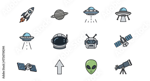 Whimsical collection of colorful space-themed icons for futuristic exploration and science fiction