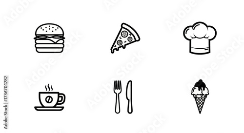 Collection of simple, modern line art icons representing popular food and drink items for culinary themes.