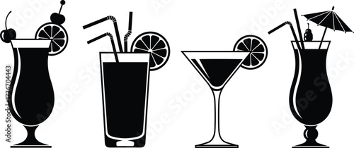 Cocktail Glass Silhouette Vector Set – Garnished Drinks in Martini, Highball, and Hurricane Styles for Bar, Party, and Design Themes