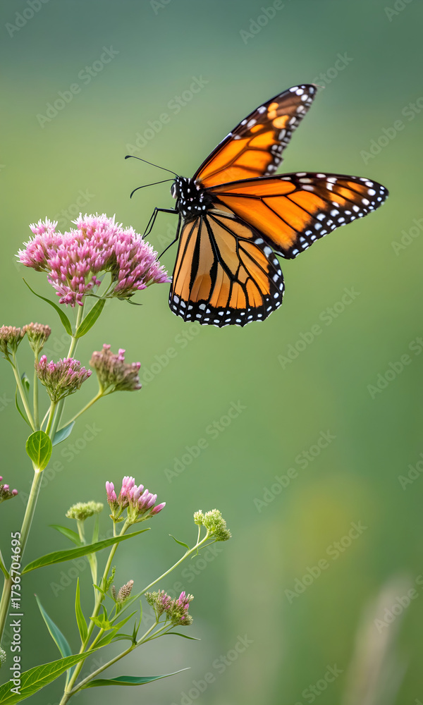 Obraz premium Monarch butterfly on pink wildflowers with blurred green background insect orange