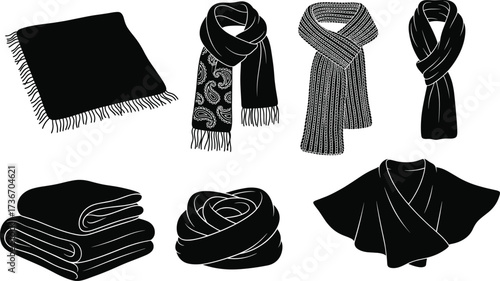 Scarf and blanket silhouettes, black vector, folded, wrapped, rolled, draped, fashion accessories, top view, minimal design, winter, textile