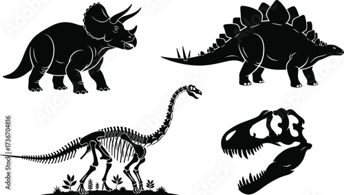Dinosaur Silhouette Vector Set – Triceratops, Stegosaurus, Sauropod Skeleton, and T. Rex Skull for Prehistoric, Educational, and Fossil Themes