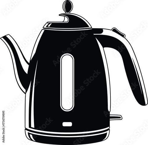 Electric Kettle Silhouette Vector – Black Appliance with Handle, Spout, and Water Window for Kitchen, Beverage, and Utility Design