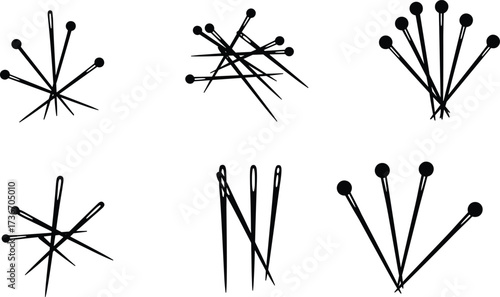 Sewing needles, straight pins, fan layout, star pattern, silhouette icons, black vector, minimal design, top view, tailoring tools, fashion