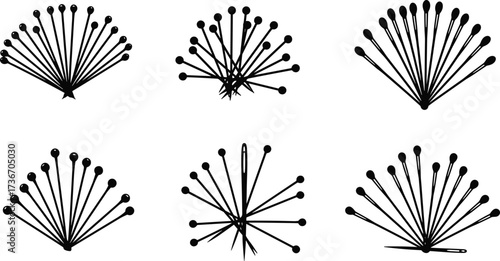 Sewing needles, straight pins, fan layout, chaotic arrangement, silhouette icons, black vector, minimal design, top view, tailoring tools, fashion