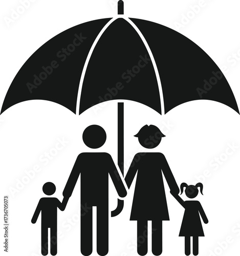 Family Under Umbrella Silhouette Vector – Parents and Children Protected for Insurance, Welfare, Safety, Unity, and Social Care Design