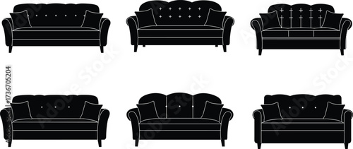 Silhouette sofa icons, black furniture set, modern couch shapes, interior design elements, home decor symbols, vector illustration collection
