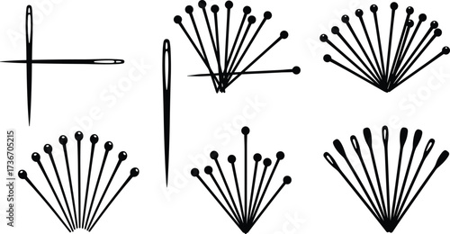 Sewing needles, straight pins, silhouette icons, fan layout, abstract design, black vector, minimal concept, top view, tailoring tools, fashion