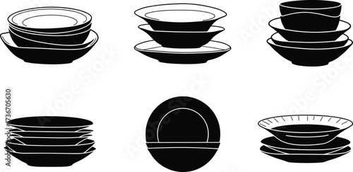 Stacked bowl and plate silhouette icons, black vector set, dishware arrangement styles, kitchen decor, ceramic design, illustration pack