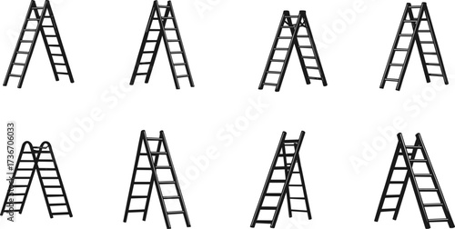 Step ladders, silhouette style, black vector, household tools, top view, minimal design, folding structure, metal frame, interior, construction