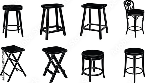 Stools and chairs, silhouette style, black vector, seating icons, modern furniture, top view, minimal design, interior decor, ergonomic shapes, home