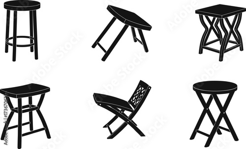 Stools and chairs, silhouette style, black vector, furniture icons, minimal design, top view, seating tools, modern shapes, interior, decor