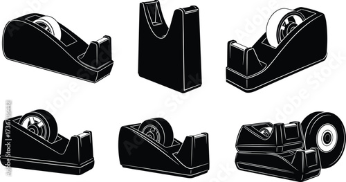 Tape dispenser silhouette icons, black vector set, roll and cutter styles, office stationery design, desktop tool, packaging illustration pack