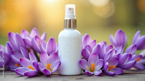 White spray bottle surrounded by purple crocus flowers on a wooden surface