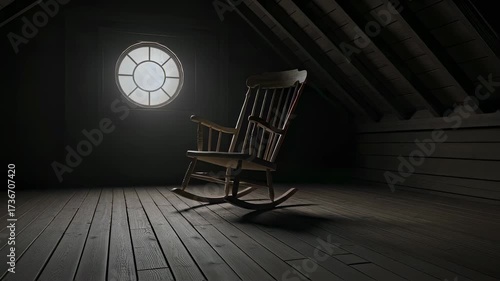 Empty old rocking chair slowly rocking in dark attic room near a round window, concept of a haunting nightmare scene footage.