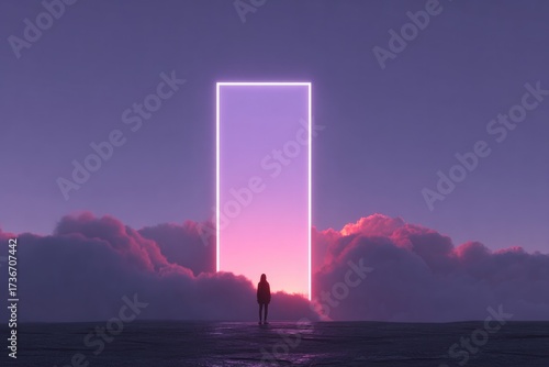 solitary figure stands before glowing doorway amidst vibrant clo