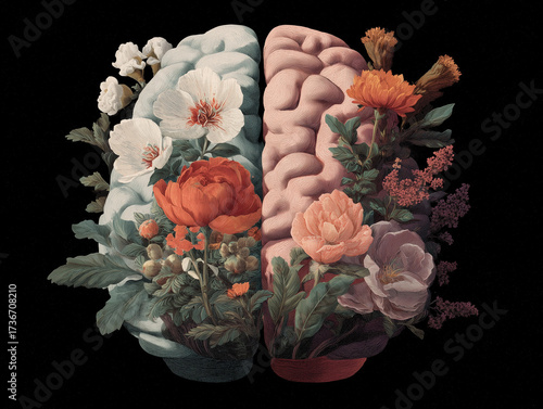 Illustration of a brain with one half covered in flowers. Symbolic concept of mental health, creativity, and nature.