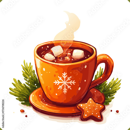 Vector illustration of festive mug of hot chocolate with marshmallows, cookie and fir branches isolated on a white background. Vector illustration of winter beverage