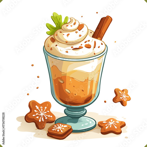 Vector illustration of festive glass of eggnog with whipped cream, cinnamon stick and gingerbread cookies isolated on a white background. Vector illustration of winter beverage on white background