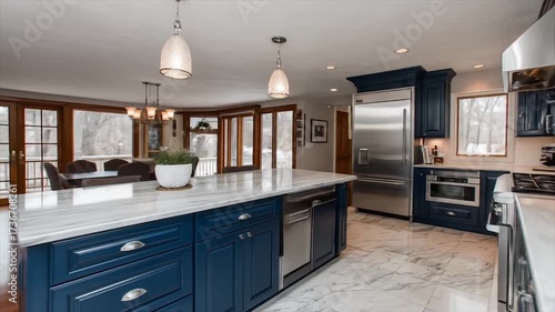 Modern kitchen interior with blue cabinets and marble countertops