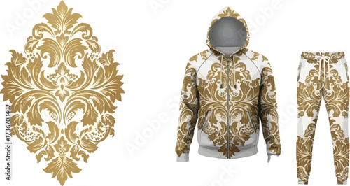 A golden floral damask pattern next to a hoodie and sweatpants with the same damask pattern design