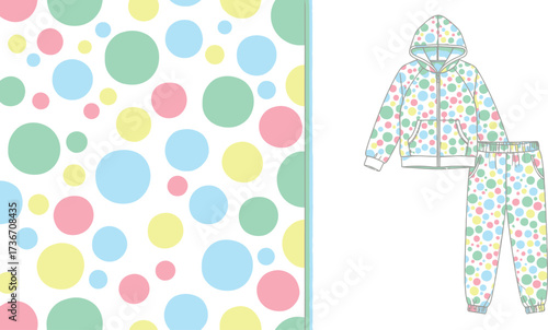 Illustration showing a polka dot pattern and a matching tracksuit with hoodie and pants design