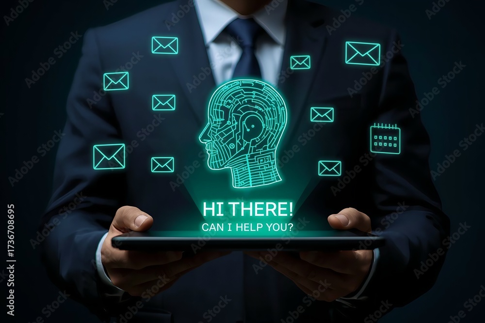 Fototapeta premium AI Digital Assistant Interface with Futuristic Icons and Human Circuit Head