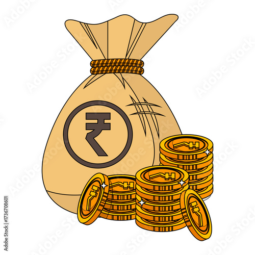 Illustration of wealth and savings with rupee money bag and golden coins