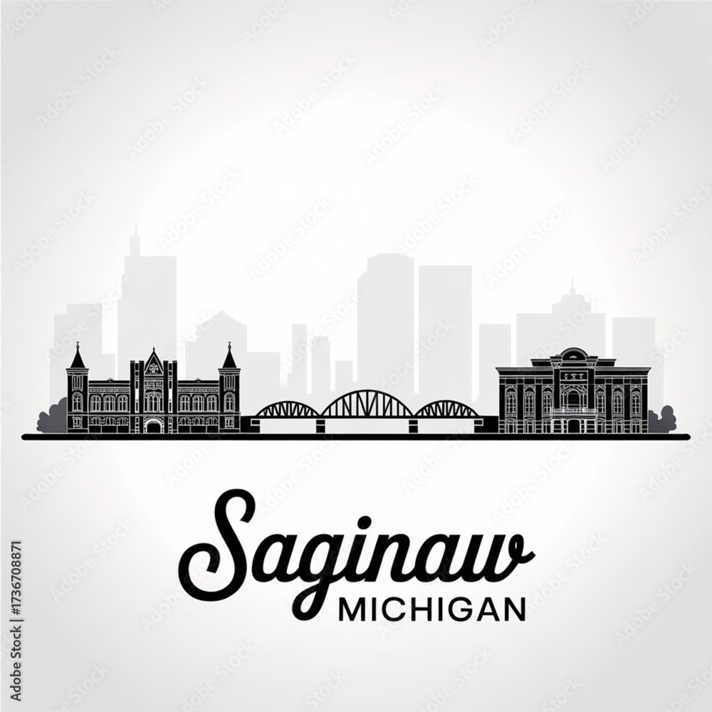 Obraz premium ‎Saginaw Michigan Skyline Silhouette — A Historic Riverfront City Vector Illustration