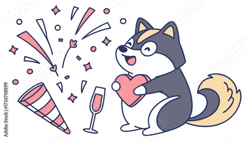 Delightful Funny Shiba inu in a New Year celebration scene with holding a heart – Midnight Sparkle vector illustration