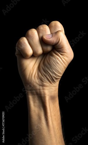 Close up of a clenched fist with prominent veins and wrinkles against black hand human hand