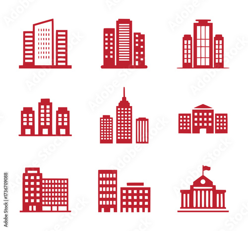 Collection of Red Building Icons Representing Urban Architecture
