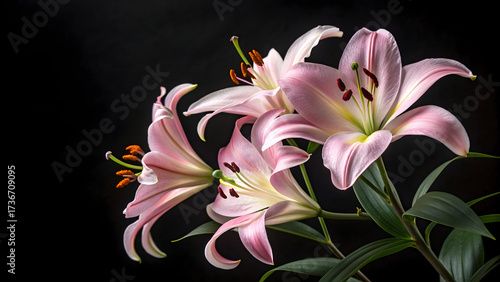 Close up of delicate pink stargazer lilies with dark stamens on black background pink lily stargazer lily