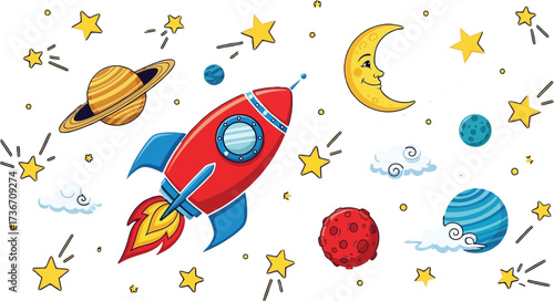 Cartoon space scene with a red rocket ship planets stars moon and fluffy white clouds on dark blue