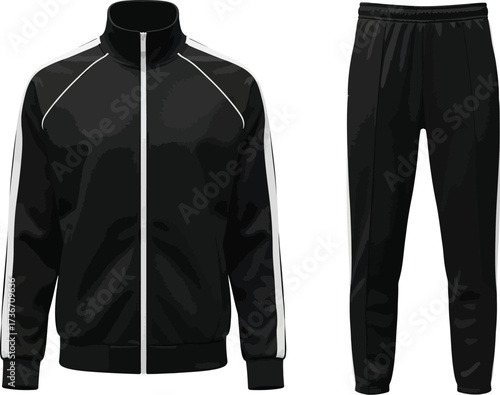 A black tracksuit featuring a jacket with a zipper and matching pants with white stripes on the side