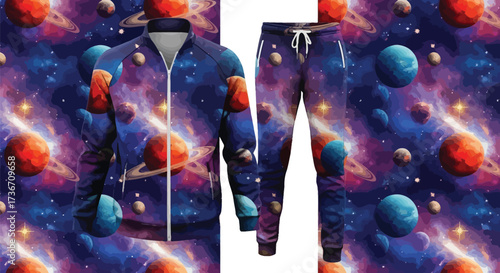 A matching jacket and pants set with a galaxy and planet print against a white background