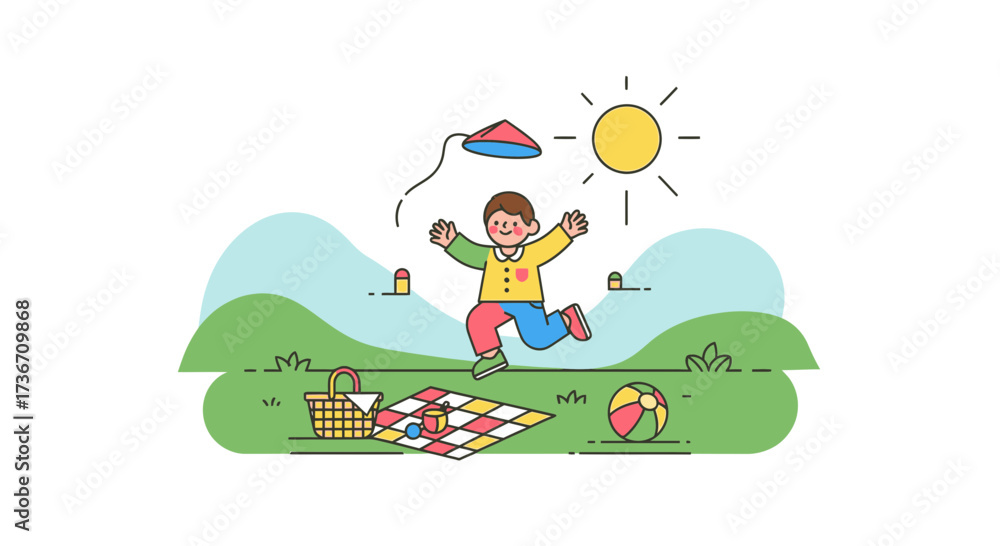 Obraz premium Joyful Child Plays, Kite Soars, Picnic Day, Sunny Outdoors, Whimsical Summer Bliss