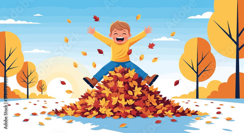 Joyful Child Playing in Autumn Leaves Pile, Celebrating the Season with Happiness