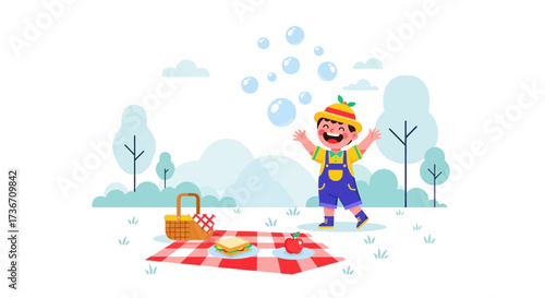 Joyful Child Playing With Bubbles During A Pleasant Picnic Day In The Park Scene