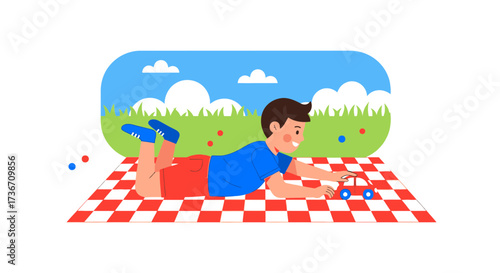 Joyful Child Playing With Toy Car During A Sunny Day Picnic Outdoors
